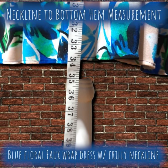 Blue Floral Faux Wrap Knee Length Dress w/Frilly Neckline - Picture 5 of 10